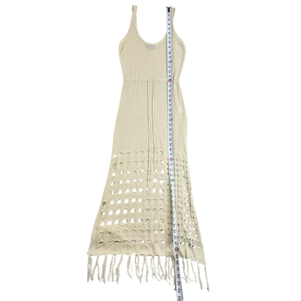 VICI Beige Open Knit Fringe Midi Dress Small Sleeveless Boho Beach Cover Up - Picture 8 of 8